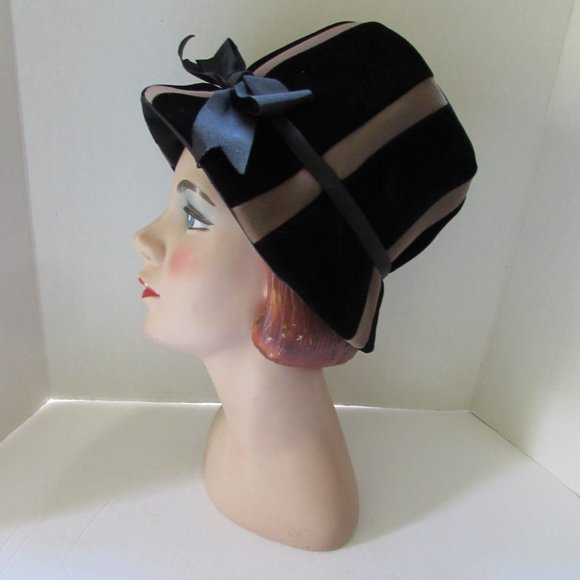 SALE Vintage 1960 Era bucket Style Hat Black Velvet Brown Satin by Royce